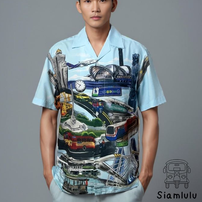 Siamlulu เสื้อฮาวายผู้ชาย ลาย “ Bangkok  City“ สีฟ้า