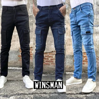 กางเกงยีนส์ ขายาวคาร์โก้ผ้ายืด ทรงขาเล็ก WINSMAN เอว28-36 ราคาถูก