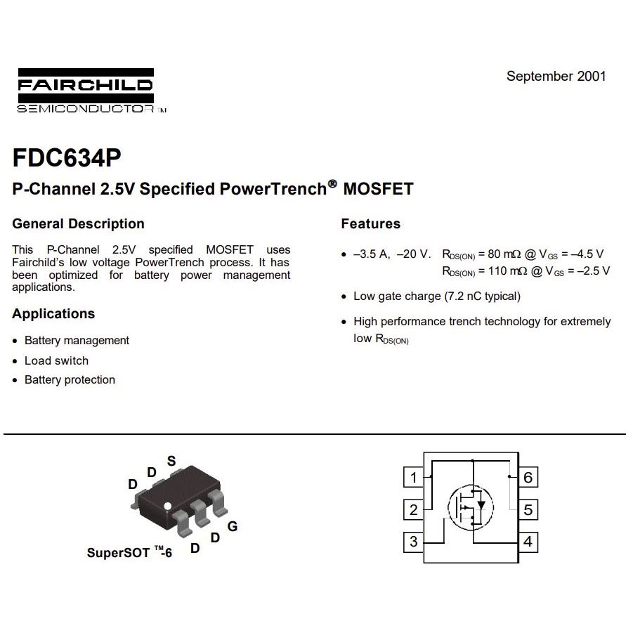 มอสเฟต FDC634P (จำนวน 100ชิ้น) 20V 3.5A1.6W SOT-23 ONSEMI / FAIRCHILD ของแท้