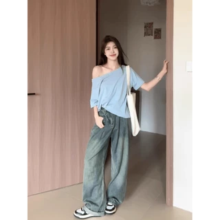 เสื้อยืดผู้หญิง คอปาดปาดไหล่ เสื้อยืดสวยๆผู้หญิงที่กําลังฮิต oversize สไตล์เรโทร เหมาะสำหรับสาวแซ่บ คอกลมแขนสั้น สีทึบ