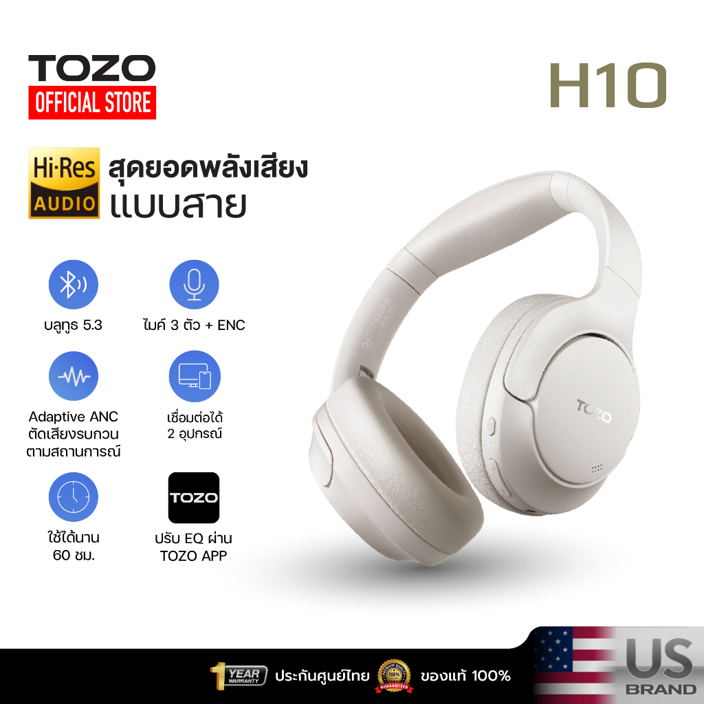 [ประกันศูนย์ไทย] TOZO H10 หูฟัง Headphone มี Adaptive ANC BT 5.3 หูฟังครอบหู หูฟังไร้สาย ใช้ได้นาน 60 ชม./ชาร์จ