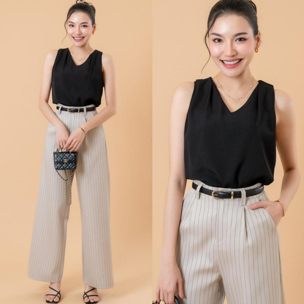 AN449 เซตเสื้อคอวีแขนกุดกางเกงขายาวลายริ้ว+ เข็มขัด The Alner Women Clothing Lady ผู้หญิง