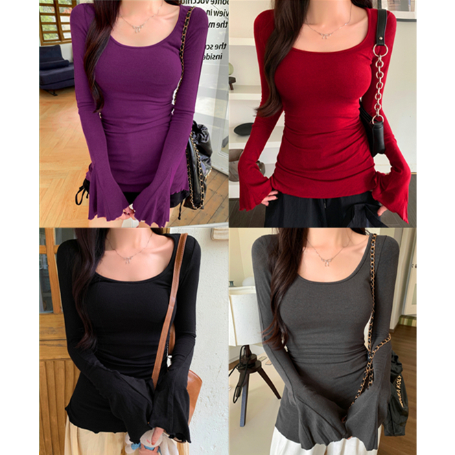 6682 เสื้อยืดแขนยาว คอกลม แขนทรัมเป็ตทรงสลิมฟิต สไตล์เกาหลี สำหรับผู้หญิง