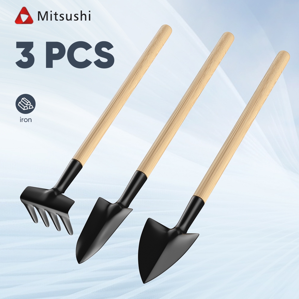 Mitsushi ชุดเครื่องมือทำสวนmini 3pcs ด้ามไม้ พลั่ว คราดเหล็กอุปกรณ์ปลูกต้นไม้ อุปกรณ์พรวนดิน ชุดพรวนดินขนาดจิ๋ว