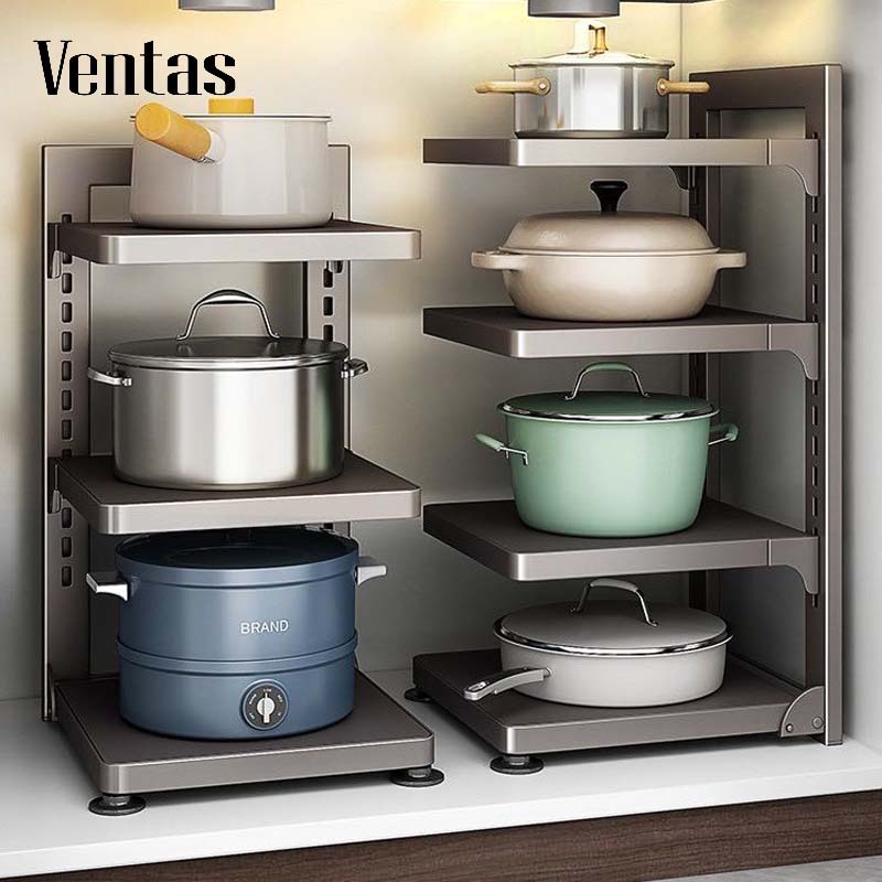 Ventas ชั้นวางหม้อ ชั้นวางหม้อชั้นบนเคาน์เตอร์ ชั้นวางของในครัว วัสดุสแตนเลส สามารถปรับความสูงของชั้นได้