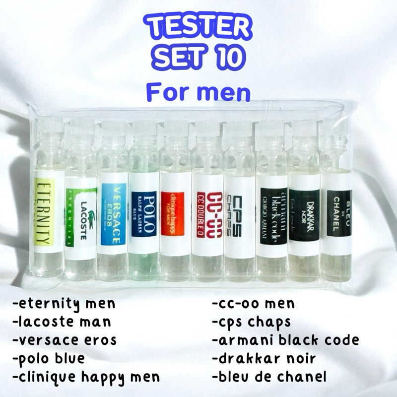 Tester กลิ่นผู้ชาย 10กลิ่น ขนาด2ml แพคละ10กลิ่น ชื่อกลิ่นในรูปจ้า