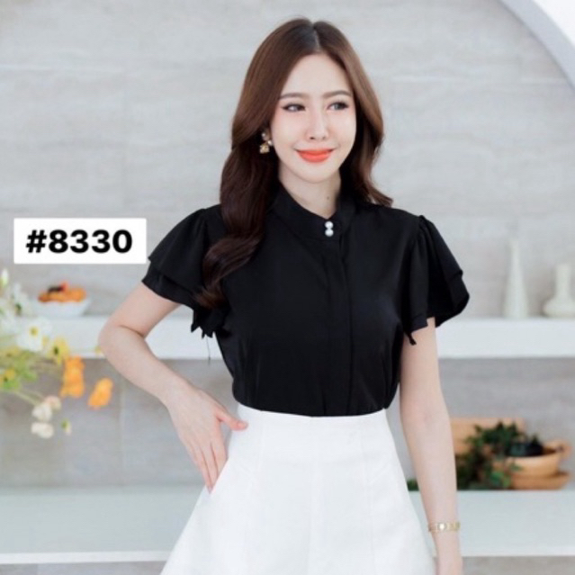#8330เสื้อแขนสั้น ทรงสวย ใส่สบาย เสื้อทำงานผู้หญิง สไตล์เกาหลี match ง่ายได้ทุกลุค