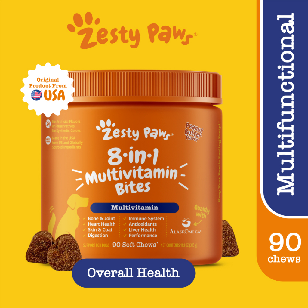 Zesty Paws 8-in-1 Multifunctional Bites for Dogs Overall Support ขนมสารพัดประโยชน์สำหรับสุนัข [รสเนยถั่ว] (แบบนุ่ม 90 เม็ด) (หมดอายุ:07/2025) [ส่งเสริมการทำงานของสะโพกและข้อต่อ ดูสุขภาพหัวใจ,สุขภาพผิวหนัง,การทำงานของลำไส้ ,ระบบภูมิคุ้มกัน]