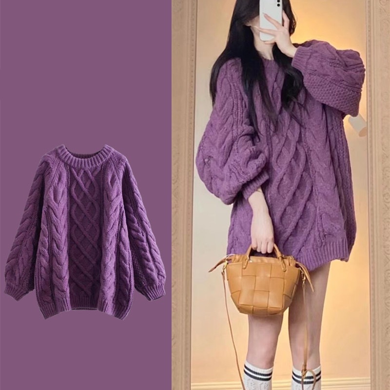 zsjt.fashion เสื้อกันหนาวไหมพรม แขนยาว คอกลม ผ้าหนา ทรงหลวม สไตส์เกาหลี