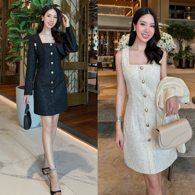 สวยหรู ยืนหนึ่ง เดรสทวิต มาพร้อมกับเสื้อคลุม น่ารักมากกก(แถมฟรีเข็มกลัดดอกไม้) code 16400
