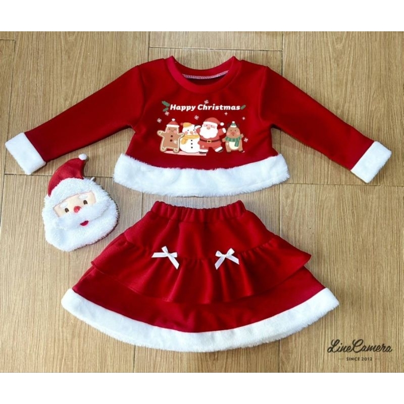 ชุดเซ็ตลายคริสมาส3ชิ้นกระโปรงขนมชั้น+เสื้อครอปแขนยาว