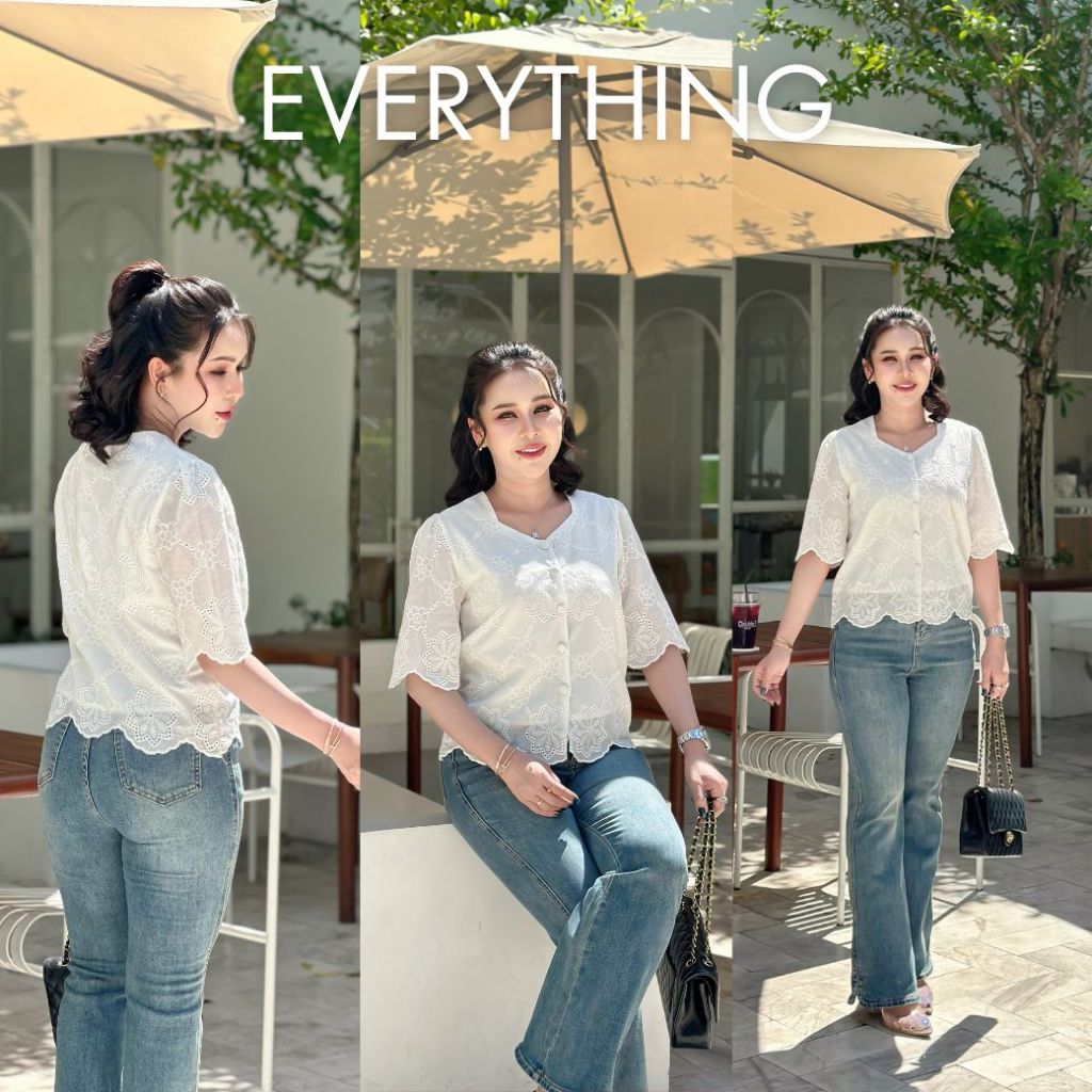 Everything เสื้อผู้หญิงคอหัวใจลูกไม้ แขนสั้น ใส่ไปวัดทำบุญสวยมาก มีไซซ์ XS-3XL หน้าผ้า 36-48 (2312)