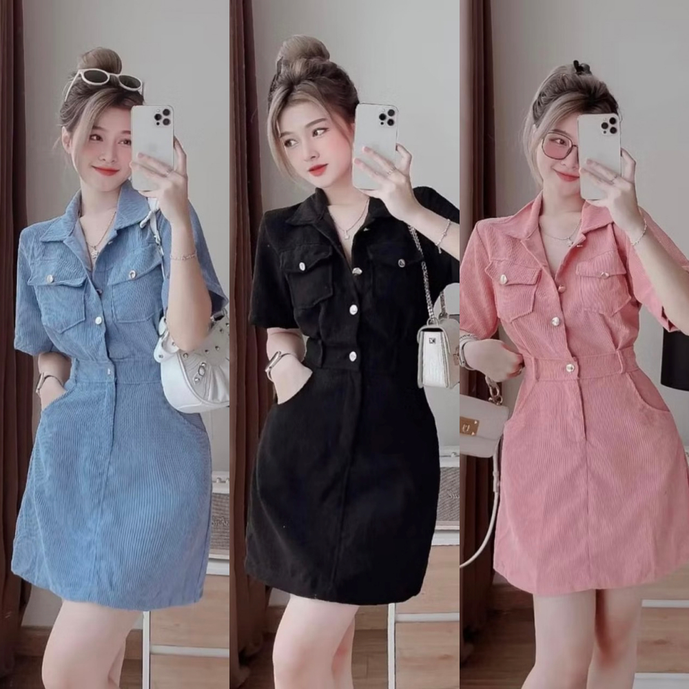พร้อมส่ง เดรสลูกฟูกคอปก ซิปหน้ากระดุมหน้ากระเป๋าหน้าสม็อคหลัง A5290