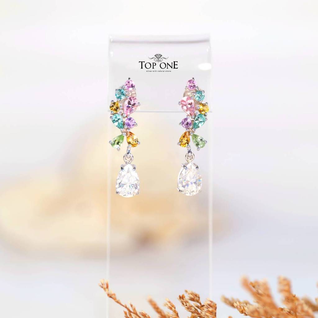 Top1Jewelry ต่างหู เพชร Moissanite พลอยTourmaline เงินแท้