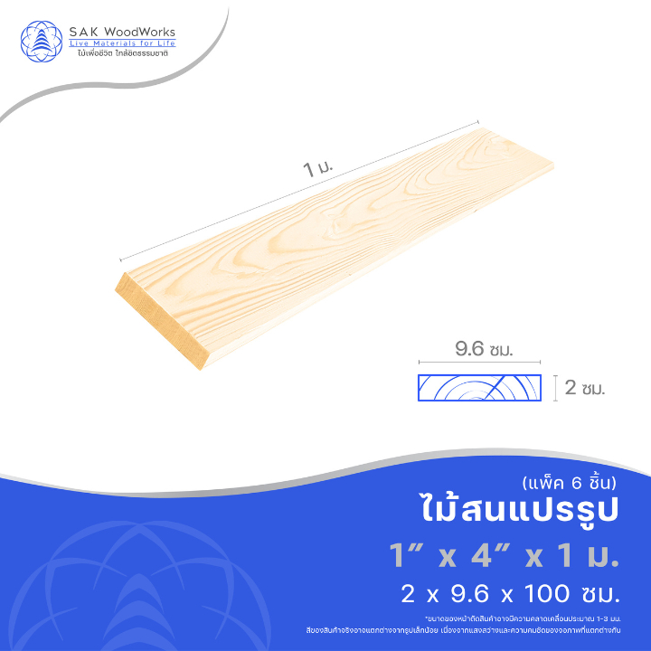 ไม้แปรรูปสนรัสเซีย ไสและขัด (Timber) ไม้สน ขนาด 2ซม. × 9.6ซม. × 1ม. แพ็ค 6 ชิ้น ไม้จริง ไม้ระแนง ไม้ทำชั้น SAK WoodWorks