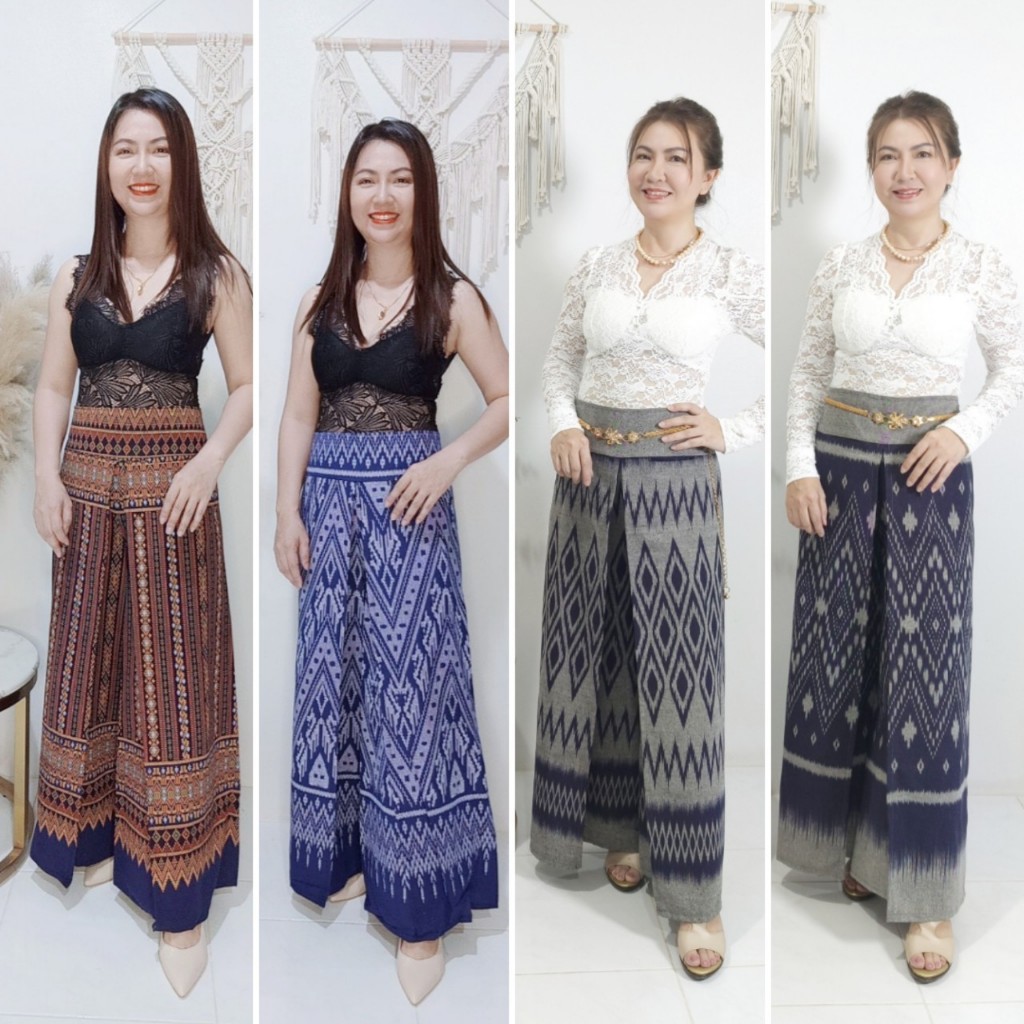 กางเกง กางเกงลายไทย ทรงแพนเค้ก กระเป๋า 1ข้าง สาวอวบ เอว 32-38 สะโพก 32-42 ยาว 37 นิ้ว ผ้าครามพิมพ์ลาย พร้อมส่งจากนครพนม