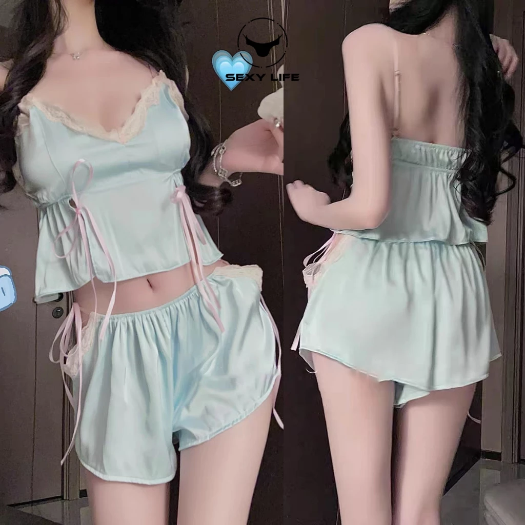 ชุดนอนผู้หญิง ผ้าซาติน💕 ชุด2ชิ้น ชุดนอนลูกไม้ S-XL🌸 ลายดอกไม้ โบว์💕ผ้าเนื้อดีสวมใส่สบาย🚚ส่งไวจากไทย1-3วัน