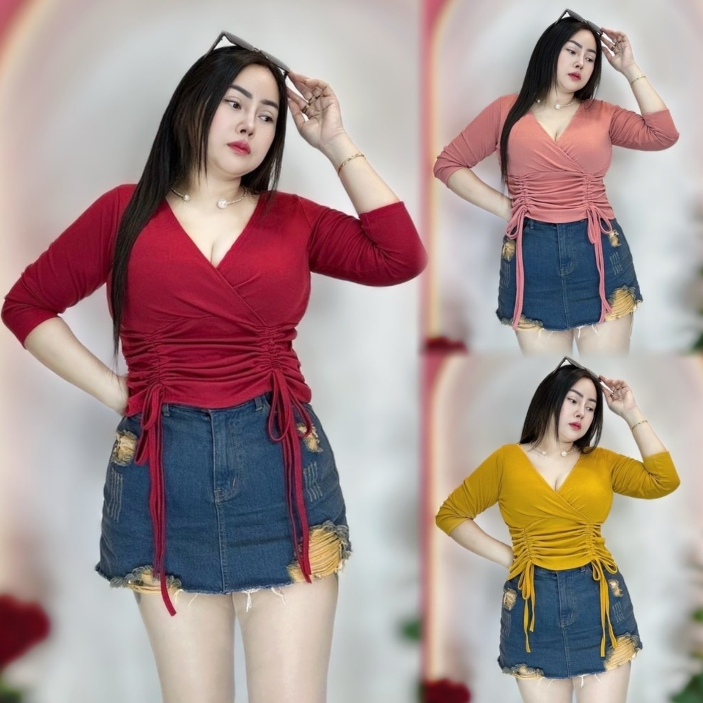 พร้อมส่ง**เสื้อผ้าสาวอวบ ร้านต๋องแฟชั่น อก38-44 ยาว20 ทรงสวยแบบใหม่ คอวีรูดหน้า2ข้างแขนยาว