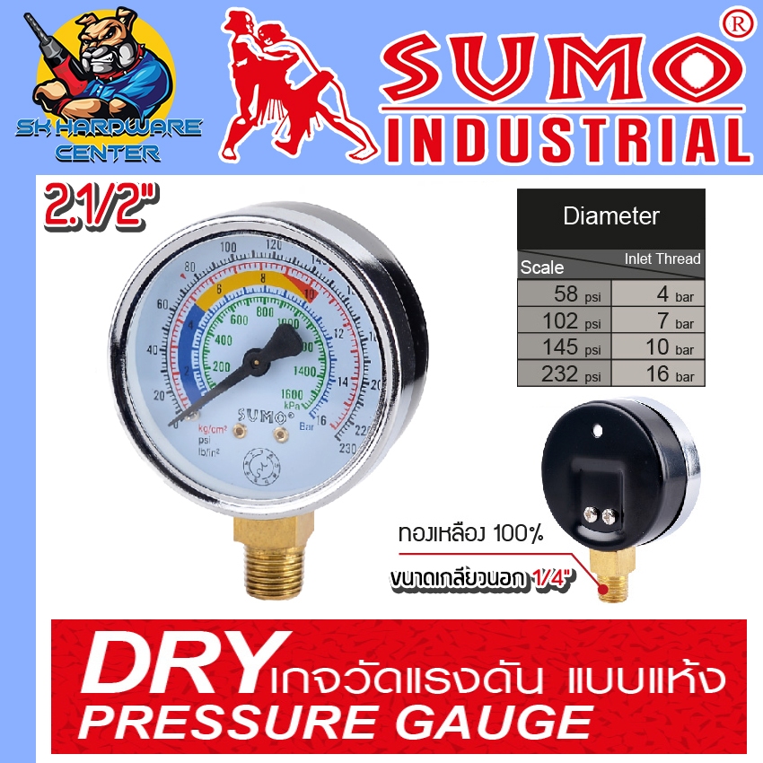 SUMO เกจวัดแรงดัน แบบแห้ง 2.1/2" ทองเหลือง ขนาดเกลียว 1/4" มี Diameter 4 - 16 บาร์ (ระบบน้ำ-ระบบลม)