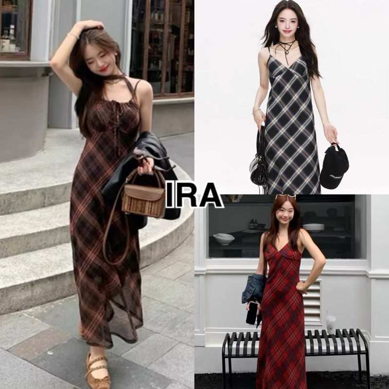 BY IRA 👗พร้อมส่ง👗 (676) ชุดเดรสสายเดี่ยว ลายตาราง ดีเทลมีเชือกผูกที่หน้าอกยอดฮิต ผ้าเลื่อน ใส่สบาย