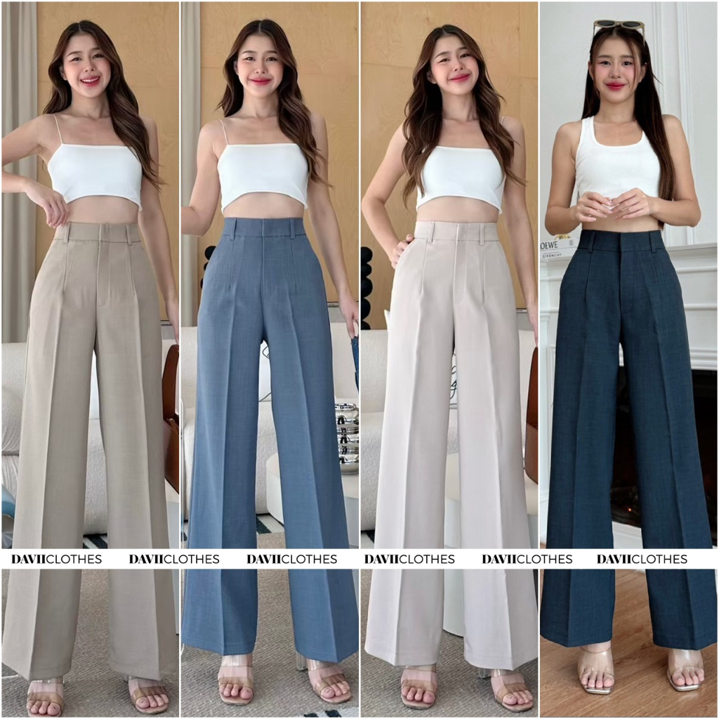 Davii.GT01 | Pocky Pants กางเกงกระบอกใหญ่ เอวสูง ซิปหน้า แต่งหูเข็มขัด มีกระเป๋า ผ้าหนานุ่ม-ทิ้งตัว