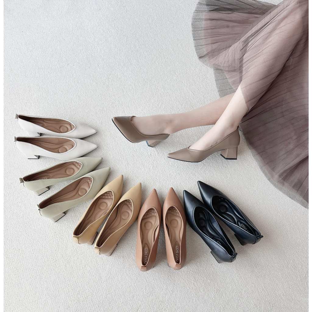 รองเท้าคัชชูผู้หญิง ปลายแหลมหน้าวี ส้น Block Heels สูง 2 นิ้ว หนัง PU CayLaShoes (A36-22)