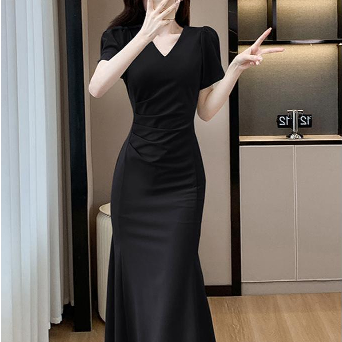 black long dress ซัมเมอร์ แฟชั่น ชุดราตรีชุดเดรสยาว เพิ่มขนาด เสื้อผ้าแฟชั่นผู้หญิง งานพรอม