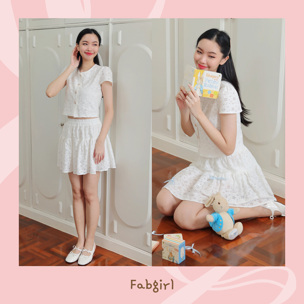FABGIRL : SS24-007 Lace whisper set ชุดเซ็ท เสื้อครอป กระโปรง ผ้าลูกไม้ ลายดอกซากุระ น่ารัก (ขาว)