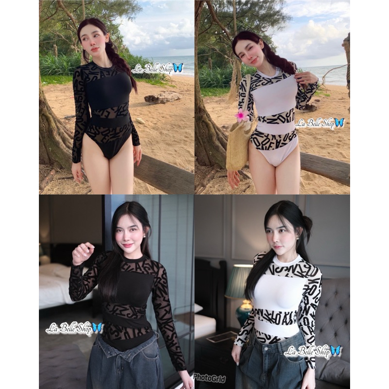 mnv_shop บอดี้สูท แขนยาว เรย่อนเกรดAแต่งซีทรูลายภาษาอังกฤษ