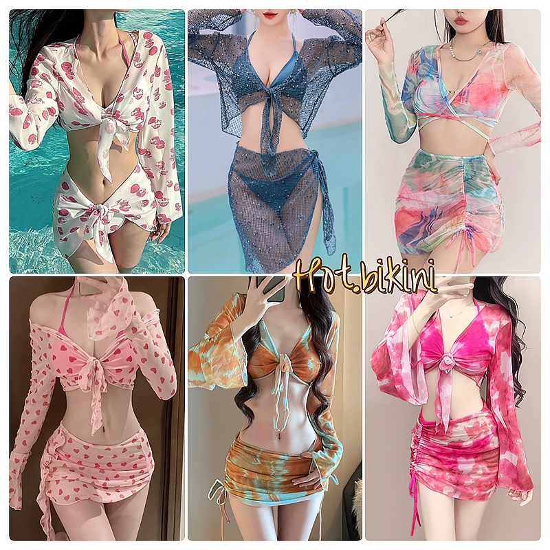 Hot.bikini💛ส่งไวจากไทย💚 ชุดว่ายน้ำ 4 ชิ้น ชุดว่ายน้ำแขนยาว กระโปรง สไตล์เซ็กซี่ ชุดไปทะเล