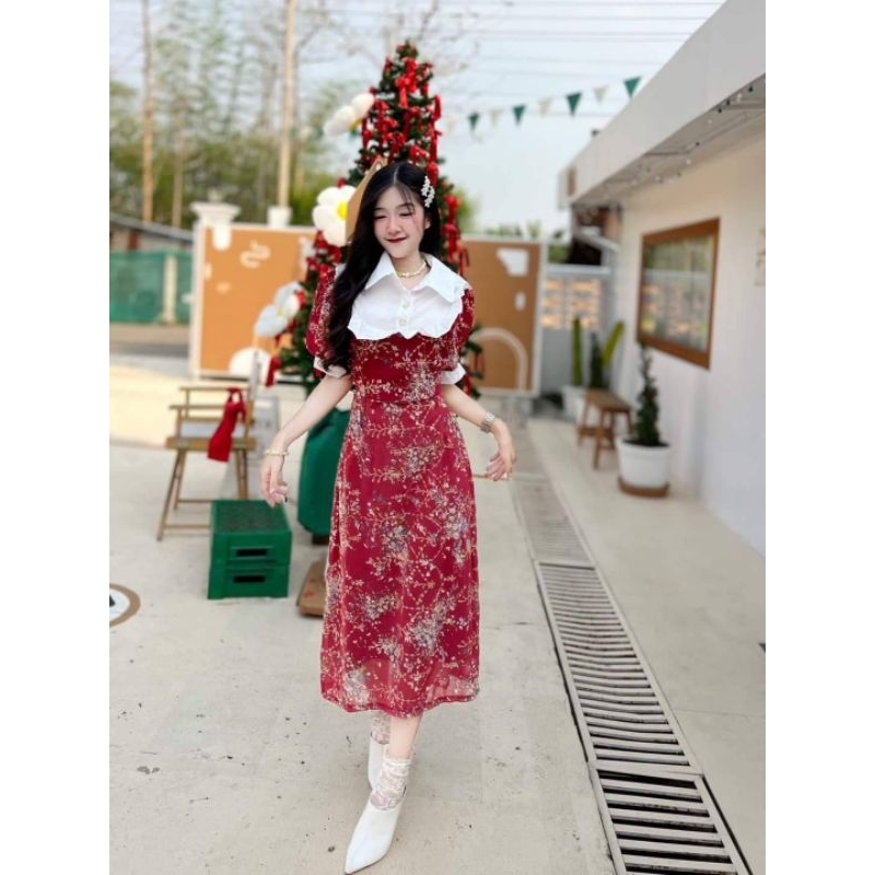 sugar candy ชุดเดรสยาว ลายดอกผ้าชีฟองมีซับในตัว ทรงสวย ผู้ดี