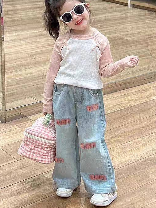 [Y D] 362 พร้อมส่ง ชุดเซ็ต 2 ชิ้น เสื้อแขนยาว สไตล์จีนใหม่ +กางเกงยีนส์ขายาวอินเทรนด์ สำหรับเด็กผู้หญิง