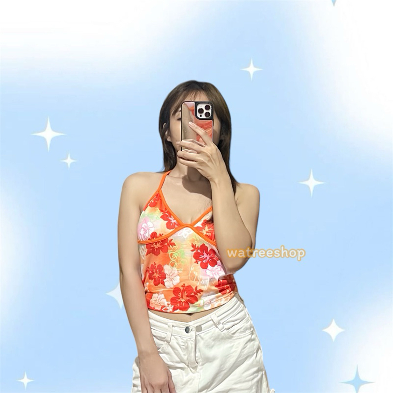 พร้อมส่งในไทย(340) เสื้อผูกคอ เสื้อลายดอก คล้องคอ สีชมพู สีส้ม