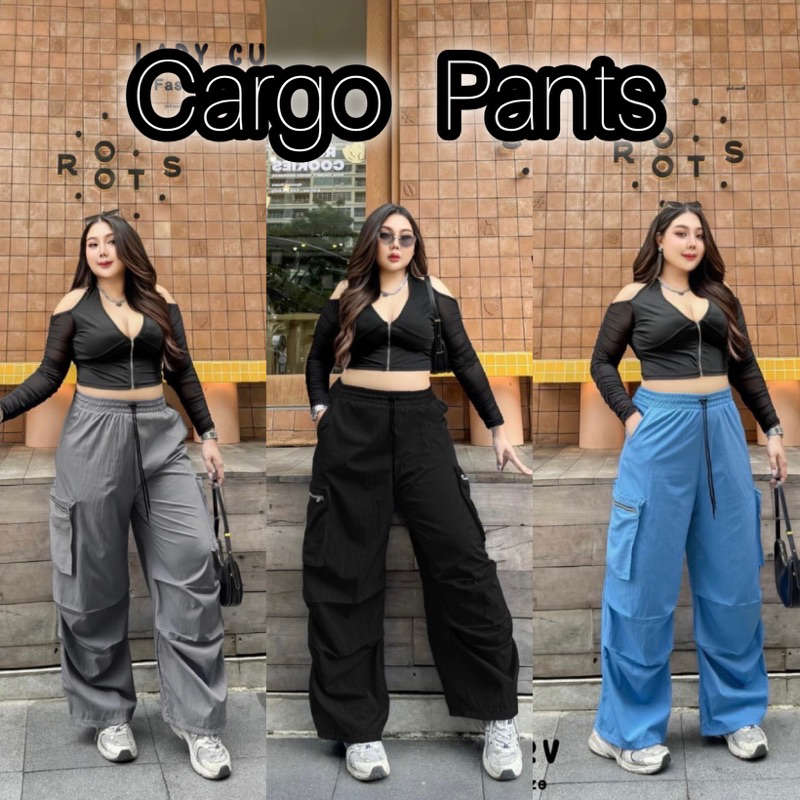 𝐂𝐚𝐫𝐠𝐨 𝐏𝐚𝐧𝐭𝐬 - กางเกงคาร์โก้ผ้าร่มสาวอวบ สุดเท่ห์ ดีเทลซิปด้านข้าง สม็อครอบเอว แต่งจีบปลายขา เนื้อผ้านิ่มใส่สบาย
