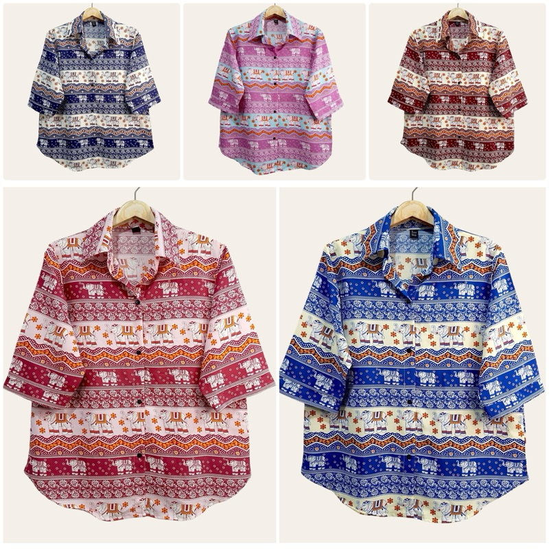 (อก 44”) เสื้อเชิ้ต เเขนสามส่วน ผ่าหน้า ลายช้าง ผ้าไหมอิตาลี ไม่ต้องรีด
