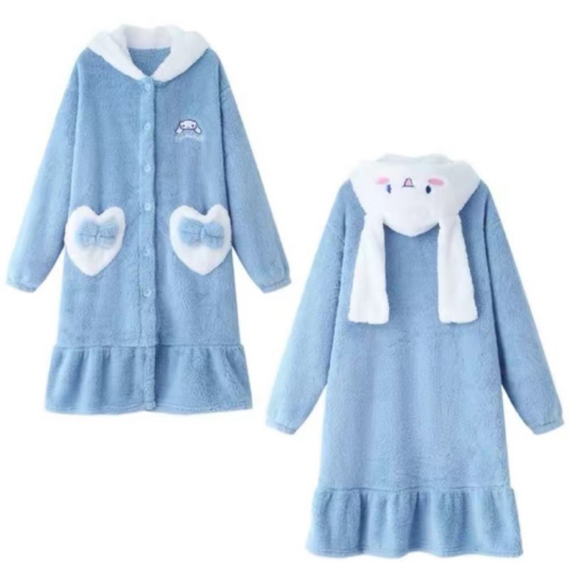 พร้อมส่ง ชุดน่ารักชินนาม่อนโรล สีฟ้าขาวน่ารัก ชุดนอน ชุดเเฟนซี เสื้อกันหนาวตัวยาว