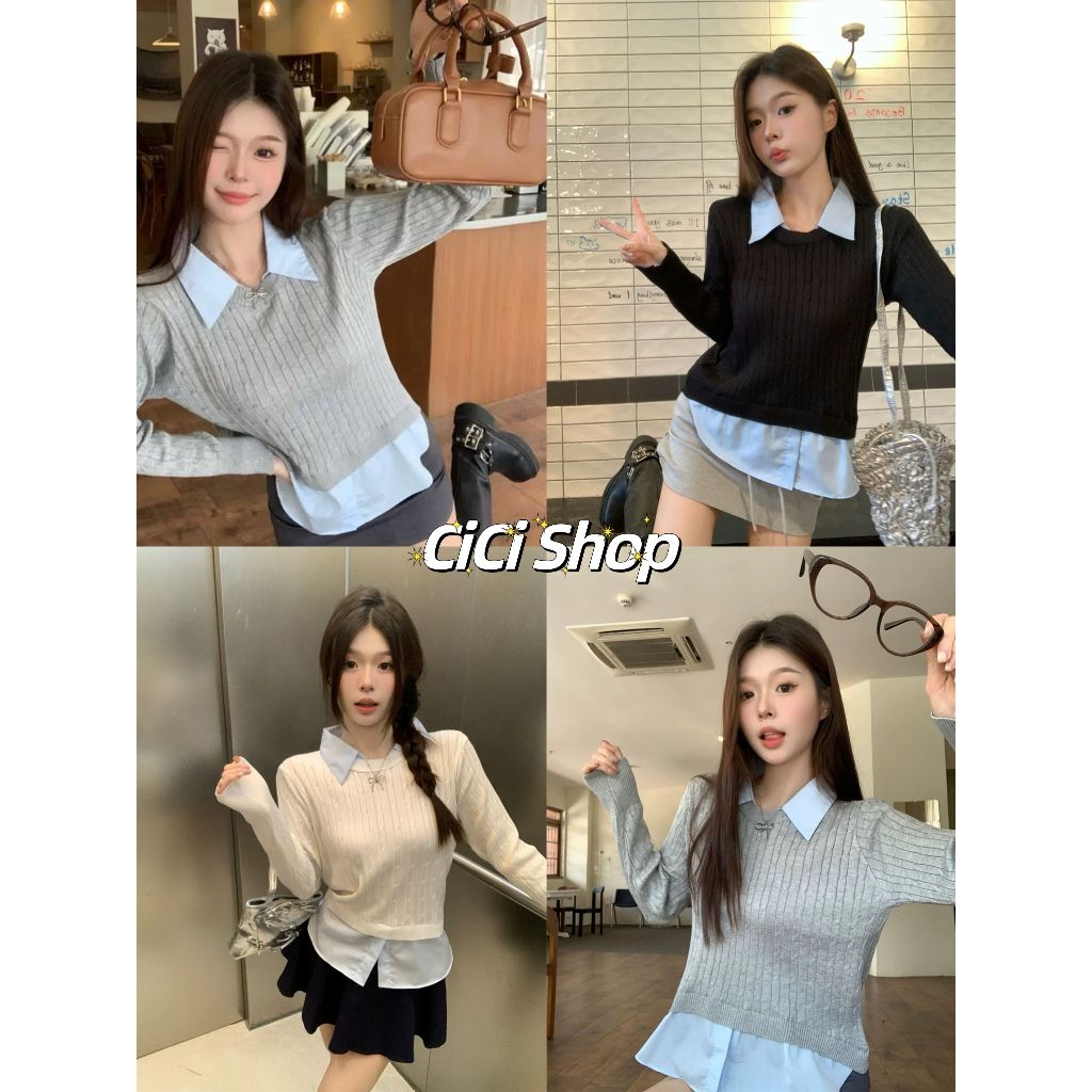 Cicishop(60179) เสื้อคอปกOversizeแขนยาวไหมพรมดีเทลเย็บติดกัน สไตล์วิทยาลัยเกาหลี