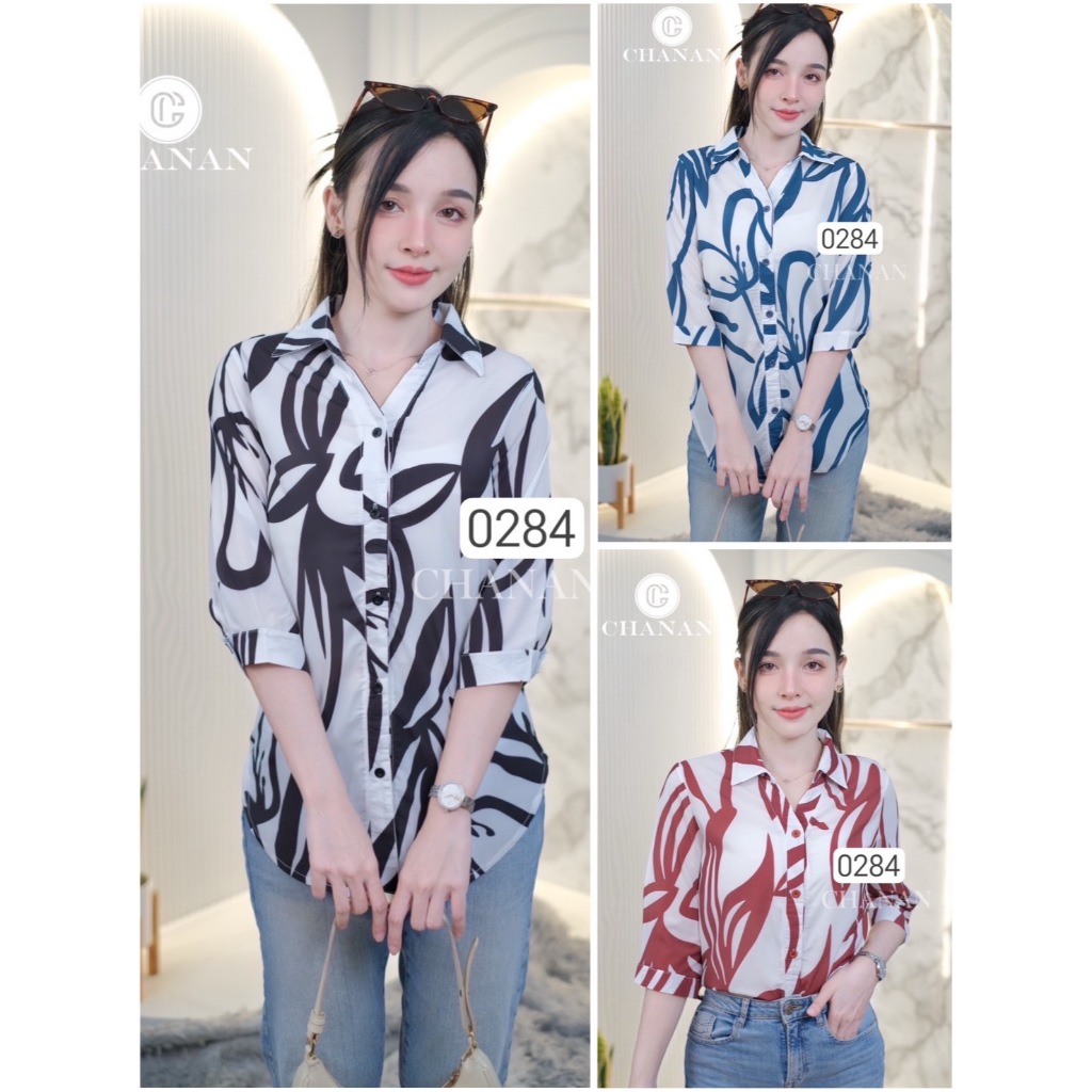 Chanan เสื้อชีฟองผสม ลายกราฟฟิคสวยชัด แขนยาวปิดศอก ผ้าดีใส่สบายได้หลายลุค มี3สี รุ่น0284