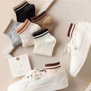 (พร้อมส่ง) ถุงเท้าข้อสั้นโทนสีเบจ ถุงเท้าข้อสั้น มีขีด2เส้น