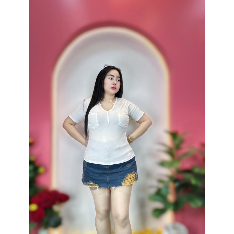 เสื้อสาวอวบร้านแป้งแฟชั่น❤️เสื้อยืดคอวีแต่งกระดุมแขนสั้น อก38-46 ยาว24ผ้าร่องยืด. - รูปที่ 5