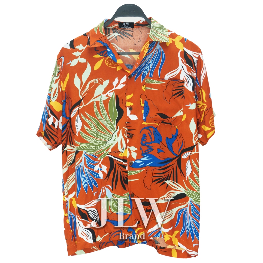 เสื้อฮาวาย ลายสาหร่าย ส้ม ผ้านิ่ม M L XL Oversize คอฮาวาย JLW BRAND