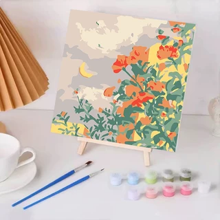 ภาพระบายสีตามตัวเลข ขึงเฟรมไม้พร้อมอุปกรณ์ ขนาด20X20 ซม ฝึกสมาธิ ของขวัญ DIY สำหรับตกแต่งบ้าน