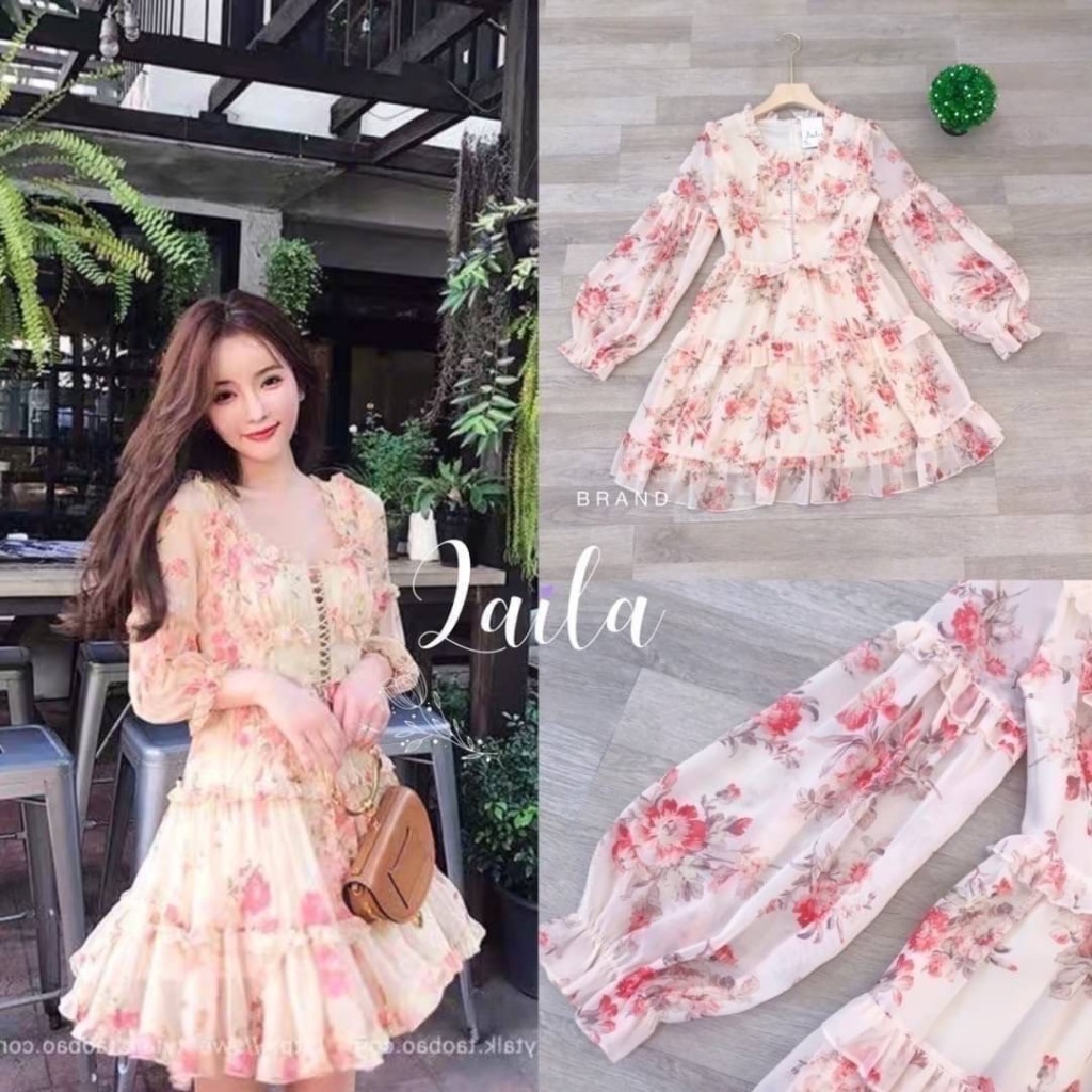 LAILA BRAND LL431 ชุดมินิเดรสแขนยาวผ้าชีฟอง พิมพ์ลายดอกไม้