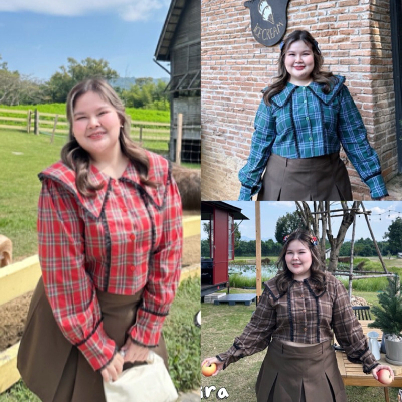 JR เสื้อคอปกทหารเรือลายสก็อต แขนยาว แต่งด้วยผ้าลูกไม้ทั้งตัว ไซส์ใหญ่ สาวอวบ