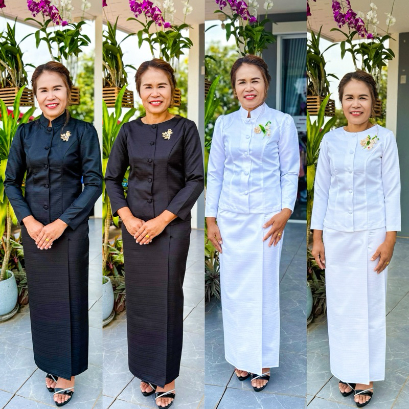 ชุดไทยจิตรลดาสีขาว_ดำทรงจิตรลดา_ไทยเรือนต้นเสื้อ+ผ้าถุงฟรีไชร์ป้ายตะขออัดผ้ากาวทั้งชุด
