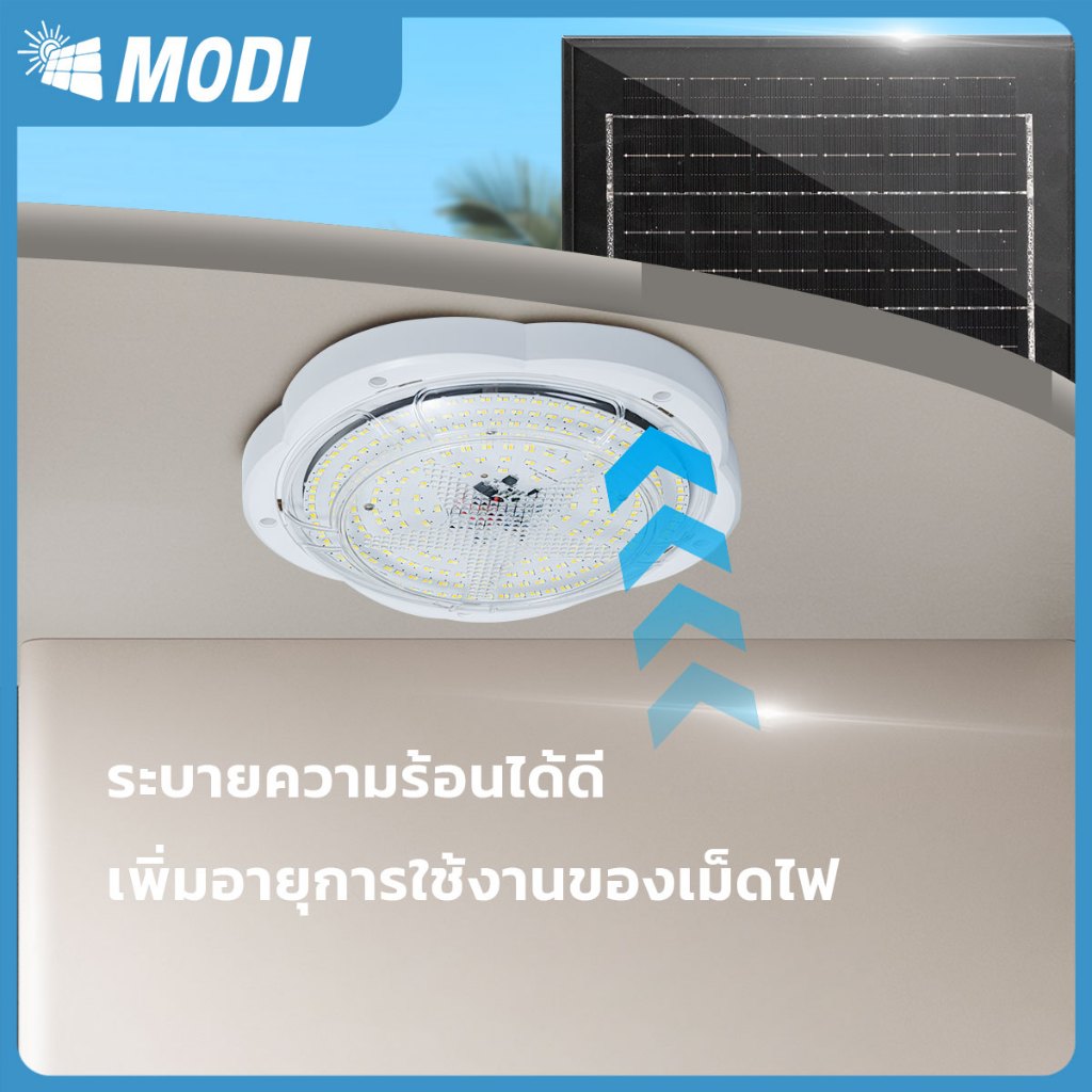 MODI ไฟติดเพดานโซล่าเซลล์ รุ่น200R 280R 400R เปิดได้3แสง สายยาว5M ระบบสว่างค้าง เปิดปิดอัตโนมัติ