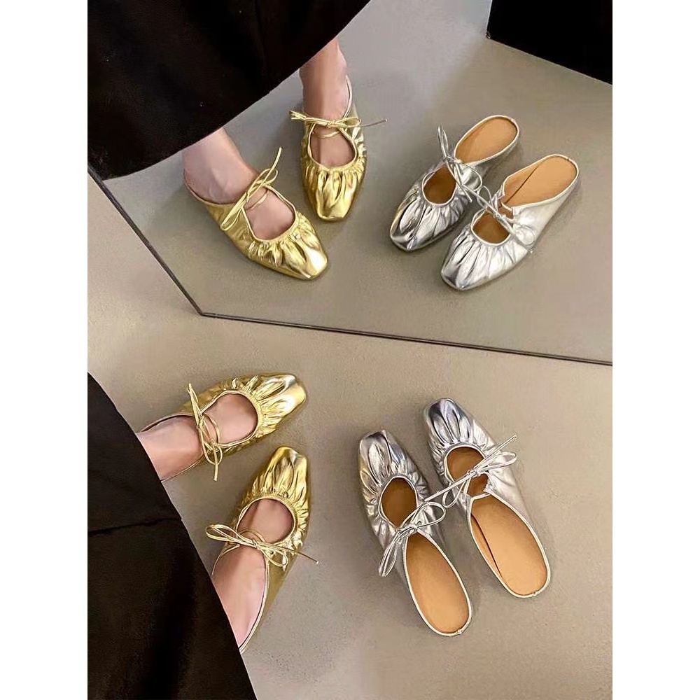 【WIth Shoes Box】รองเท้าแตะ พื้นนิ่ม ปากตื้น แต่งลูกไม้ สีเงิน สไตล์เรโทร เหมาะกับฤดูใบไม้ผลิ และฤดูร้อน 2024