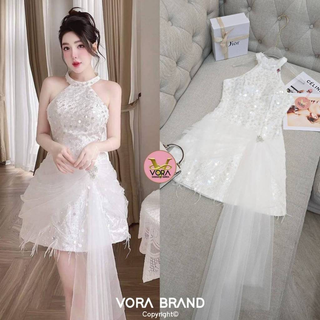 VORA Dress สั้น แขนกุดคล้องคอ เนื้อผ้าแต่งปักเลื่อมทั้งชุด