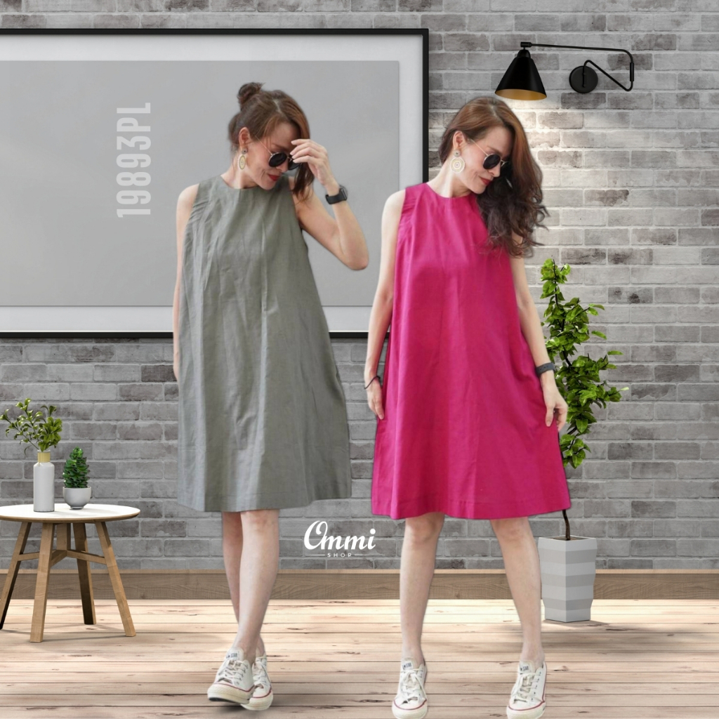 Ommishop 19893PL ชุดเดรสสั้น ผ้าลินิน มีโบว์ผูกคอด้านหลัง