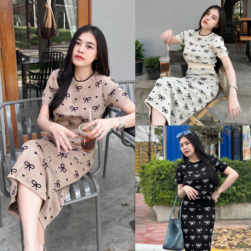 ชุดเซ็ต2ชิ้น ผ้าไหมพรม เสื้อคอกลมแขนสั้น+กระโปรงยาว ลายโบว์น่ารัก เรียบหรูดูแพงสุด พร้อมส่ง รุ่น กลิ่นหอม